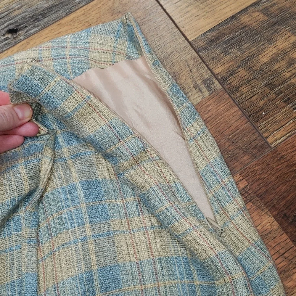 Vintage Lizsport Blue and Tan Plaid Faux Wrap Skirt, Size 14